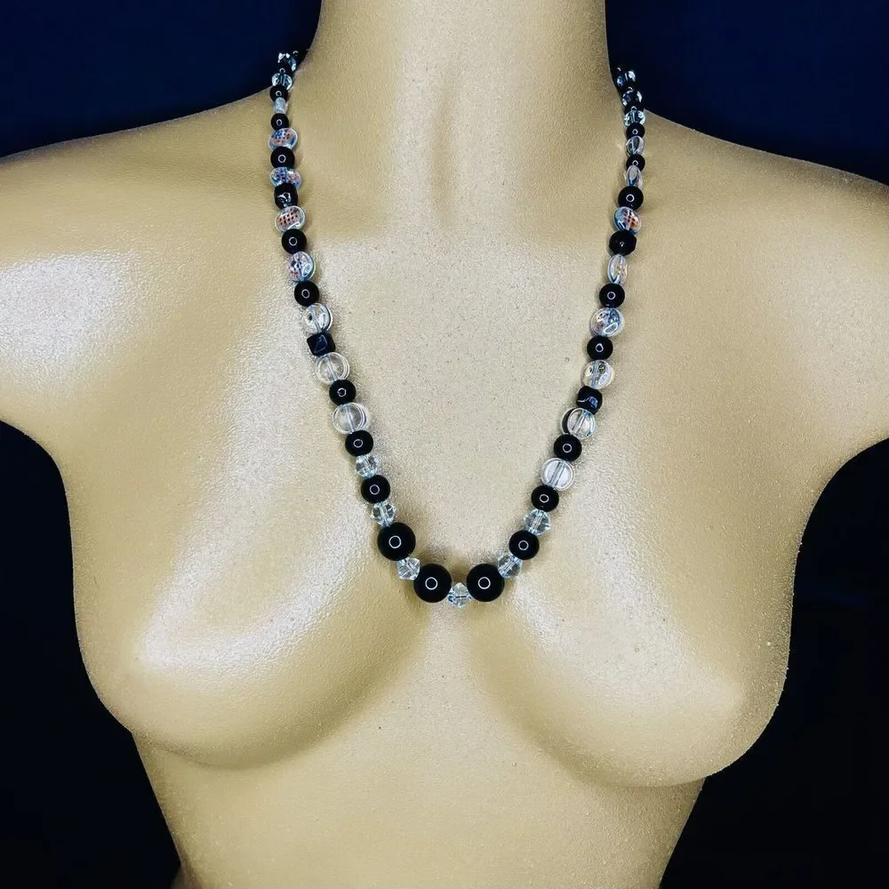 Vintage Clear Black Beads Beaded Necklace Confetti Flat Beads Barrel Clasp  4166
